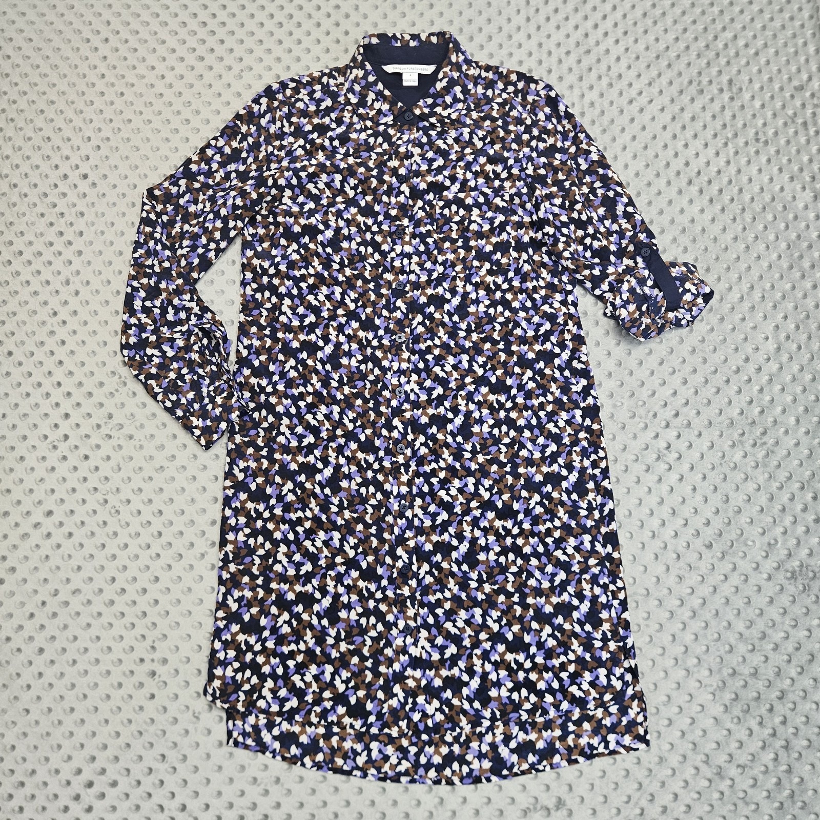Dvf Diane Von Furstenberg Shirt Dress Silk Printed Roll Up Sleeve Sz 4